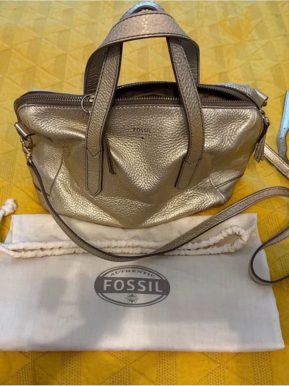 Fossil Metallic Gold Pebbled Leather Satchel